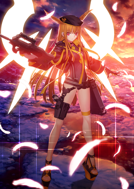 1girl belt beret black_belt black_gloves black_hat black_jacket black_one-piece_swimsuit black_sandals breasts bright_pupils cleavage_cutout closed_mouth clothing_cutout cloud collared_jacket cropped_jacket falling_feathers fate/grand_order fate_(series) feathers floating_hair frown full_body game_cg geirskogul_(fate) gloves glowing glowing_feather glowing_wings gun hair_between_eyes hair_wings hand_up hat holding holding_gun holding_weapon jacket large_variant_set legs_apart long_hair long_sidelocks long_sleeves looking_at_viewer medium_breasts official_art one-piece_swimsuit open_clothes open_jacket orange_hair outstretched_arms platform_sandals popped_collar pouch red_eyes sandals side_cutout sidelocks solo sparkle standing sunlight sunset swimsuit swimsuit_under_clothes takeuchi_takashi thigh_pouch thigh_strap third-party_source toes valkyrie_(fate) variant_set very_long_hair weapon weapon_request white_pupils wings