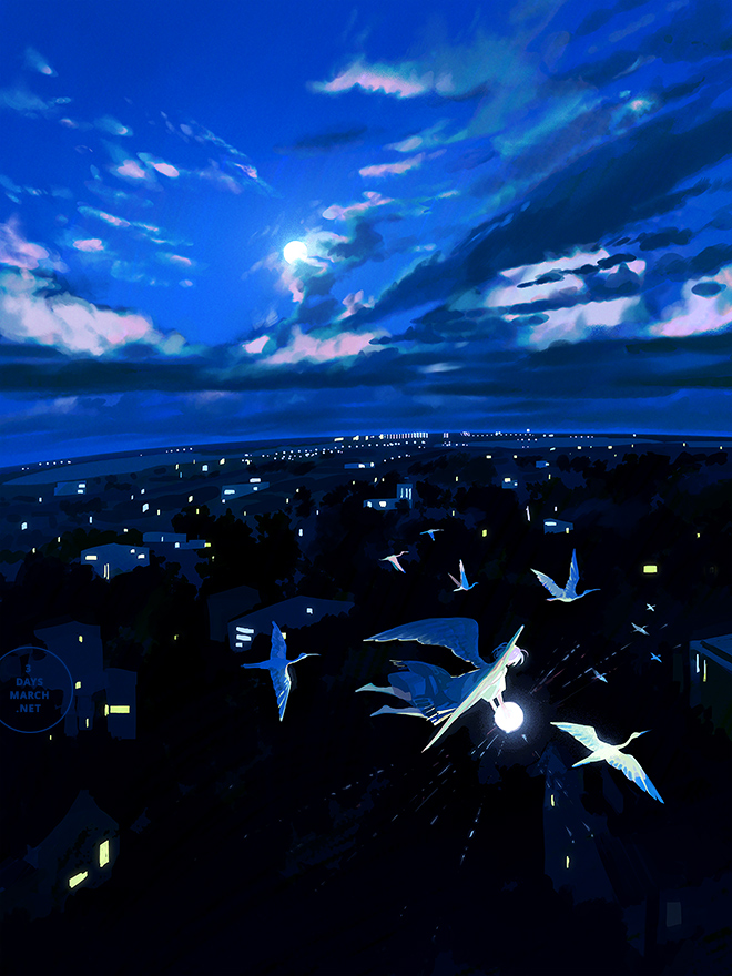 1girl angel_wings artist_logo bare_legs barefoot bird black_theme blue_sky blue_theme bob_cut building city_lights cityscape cloud cloudy_sky commentary dark_clouds darkness dress english_commentary facing_away fantasy feathered_wings fisheye flock flying from_behind full_moon glowing heron holding holding_orb horizon lens_flare limited_palette logo loika long_dress moon moonlight night night_sky orb original outdoors outstretched_arms scenery short_hair sky solo surreal very_wide_shot white_bird white_hair white_wings window wings