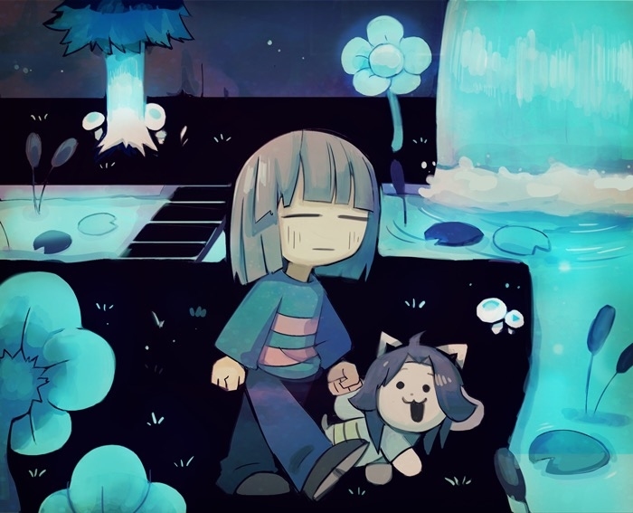 1other blue_pants blue_sweater brown_hair closed_eyes closed_mouth creature flower frisk_(undertale) other_focus pants short_hair sweater temmie terada_tera undertale walking water waterfall