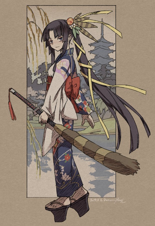 1girl architecture black_hair blue_eyes decoponmagi east_asian_architecture fate/grand_order fate_(series) female_focus japanese_clothes katana kimono obi platform_footwear sash sheath sheathed side_ponytail solo sword ushiwakamaru_(fate) ushiwakamaru_(formal_dress)_(fate) weapon yukata