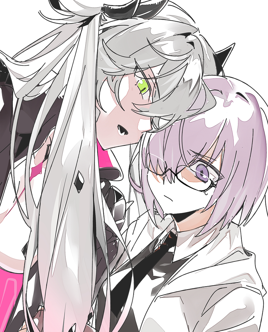 2girls agata720 black-framed_eyewear black_dress black_horns black_necktie closed_mouth demon_girl demon_horns dress fate/grand_order fate_(series) glasses green_eyes grey_hair grey_jacket hair_over_one_eye horns jacket lilith_(fate) long_hair looking_at_another mash_kyrielight multicolored_jacket multiple_girls necktie one_eye_covered open_clothes open_jacket open_mouth purple_eyes purple_hair short_hair simple_background twintails two-tone_jacket very_long_hair white_background white_jacket