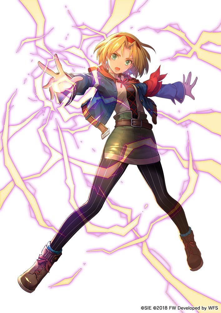 1girl 2018 :o belt black_pantyhose blonde_hair blue_jacket brown_shoes cecilia_lynne_adelhyde commentary earrings electricity female_focus full_body green_eyes green_skirt hairband hood jacket jewelry legs_apart looking_at_viewer magic official_art open_mouth outstretched_arms pantyhose red_hairband serious shoes short_hair simple_background skirt solo spread_arms standing striped_clothes striped_pantyhose tetsukuzu_tetsuko vertical-striped_clothes vertical-striped_pantyhose white_background wild_arms wild_arms:_million_memories wild_arms_1