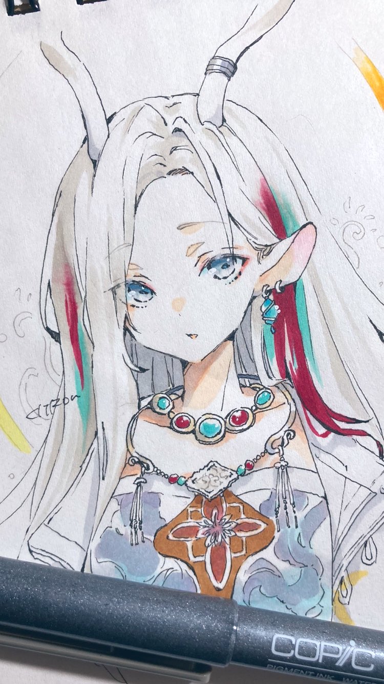 1girl a_deer_of_nine_colors animal_ears antler_ring antlers arknights citron80citron collarbone commentary_request copic_(brand) deer_antlers deer_ears deer_girl earrings eyeliner grey_eyes highres horns jacket jewelry looking_at_viewer makeup marker_(medium) multicolored_hair necklace nine-colored_deer open_clothes open_jacket parted_bangs parted_lips photo_(medium) red_eyeliner solo traditional_media white_background white_hair