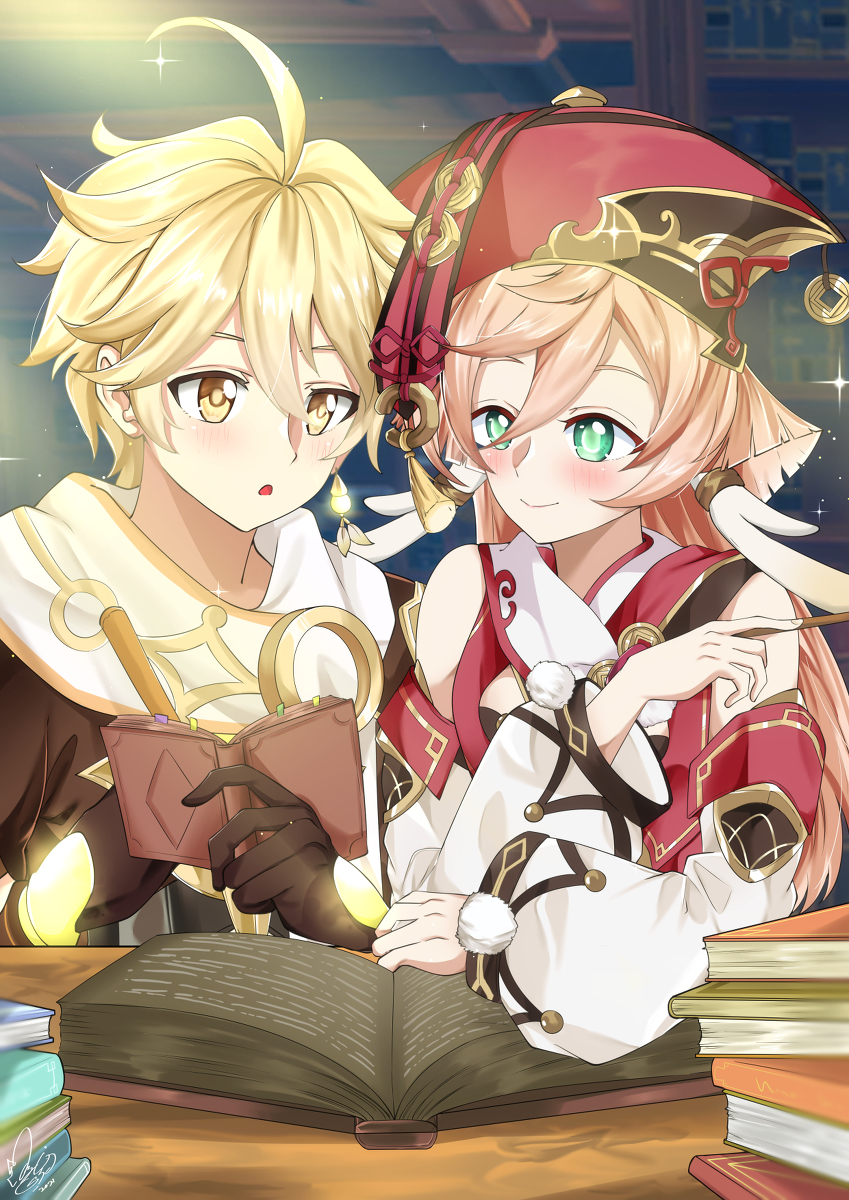 1boy 1girl aether_(genshin_impact) ahoge antler_ring antlers bare_shoulders black_shirt blonde_hair blush book book_stack breasts closed_mouth coin_hat_ornament detached_sleeves earrings genshin_impact green_eyes hands_up hat_ornament hetero highres holding holding_book horns indoors jewelry light_rays long_hair looking_at_another open_book open_mouth pink_hair reading red_headwear scarf shirt short_hair side-by-side single_earring small_breasts smile sparkle table white_scarf white_sleeves wooden_table writing yanfei_(genshin_impact) yellow_eyes zikryzero