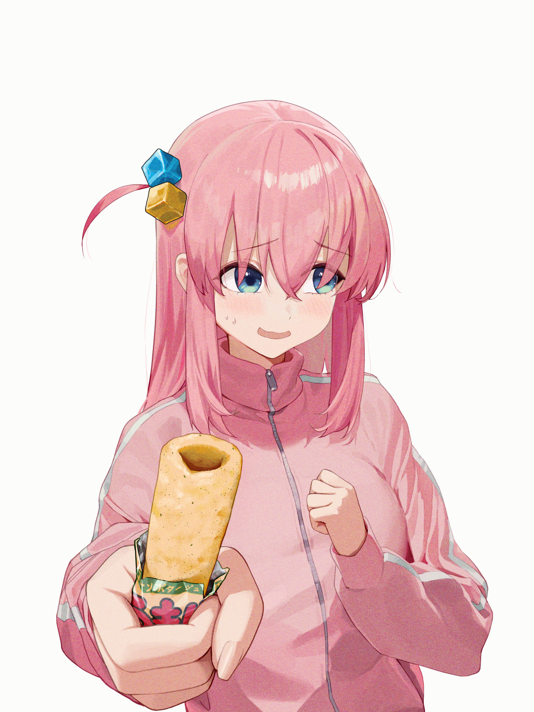 1girl blue_eyes blush bocchi_the_rock! cube_hair_ornament embarrassed food foreshortening gotoh_hitori hair_ornament highres holding holding_food jacket long_hair long_sleeves looking_to_the_side omochiarts one_side_up outstretched_arm parted_lips pink_hair pink_jacket sidelocks simple_background solo track_jacket umaibou upper_body white_background zipper zipper_pull_tab