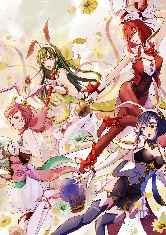4girls animal_ears armor blue_eyes blue_hair boots breasts catria_(fire_emblem) catria_(spring_whitewing)_(fire_emblem) cleavage easter easter_egg egg elbow_gloves est_(fire_emblem) est_(spring)_(fire_emblem) fire_emblem fire_emblem:_mystery_of_the_emblem fire_emblem:_new_mystery_of_the_emblem fire_emblem:_shadow_dragon fire_emblem:_shadow_dragon_and_the_blade_of_light fire_emblem_heroes flower full_body gloves green_eyes green_hair headband high_heels holding holding_polearm holding_weapon leotard long_hair medium_breasts minerva_(fire_emblem) minerva_(spring)_(fire_emblem) multiple_girls nintendo official_alternate_costume open_mouth palla_(fire_emblem) palla_(spring)_(fire_emblem) pauldrons pink_eyes pink_hair playboy_bunny polearm rabbit_ears red_eyes red_hair red_ribbon ribbon short_hair shoulder_armor siblings sisters skin_tight smile thigh_boots thighhighs weapon white_headband yori_ilrosso