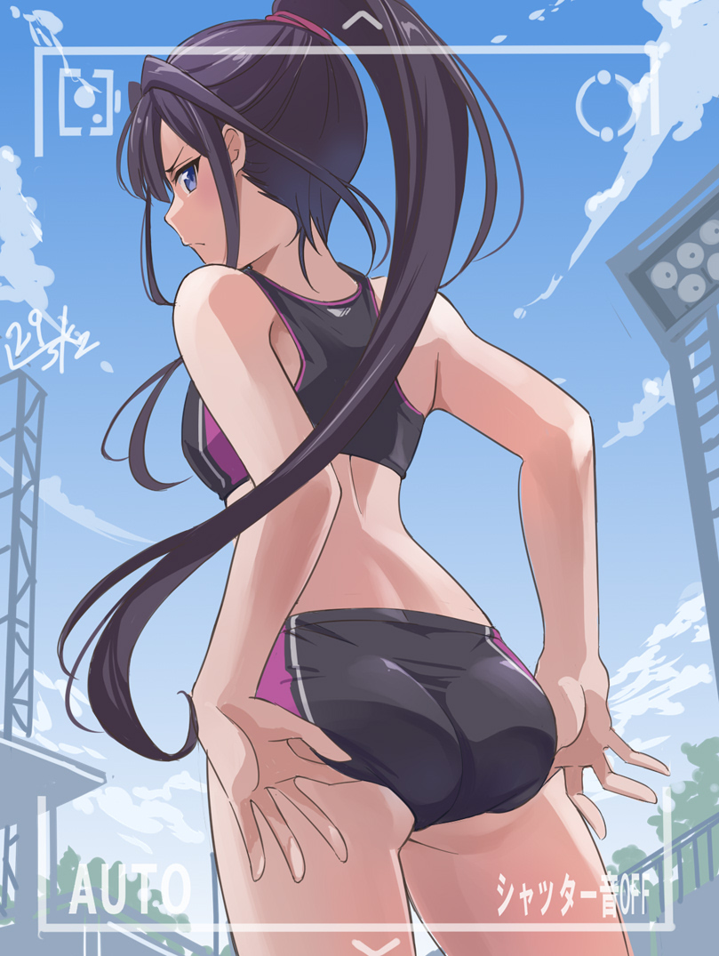 1girl adagaki_aki adjusting_buruma adjusting_clothes ass back black_hair blue_eyes breasts buruma cloud cloudy_sky commentary_request commission cowboy_shot from_behind from_below frown glaring long_hair looking_at_viewer looking_back masamune-kun_no_revenge nikulas_cage outdoors pixiv_commission ponytail sky small_breasts solo sports_bikini stadium track_and_field track_uniform viewfinder