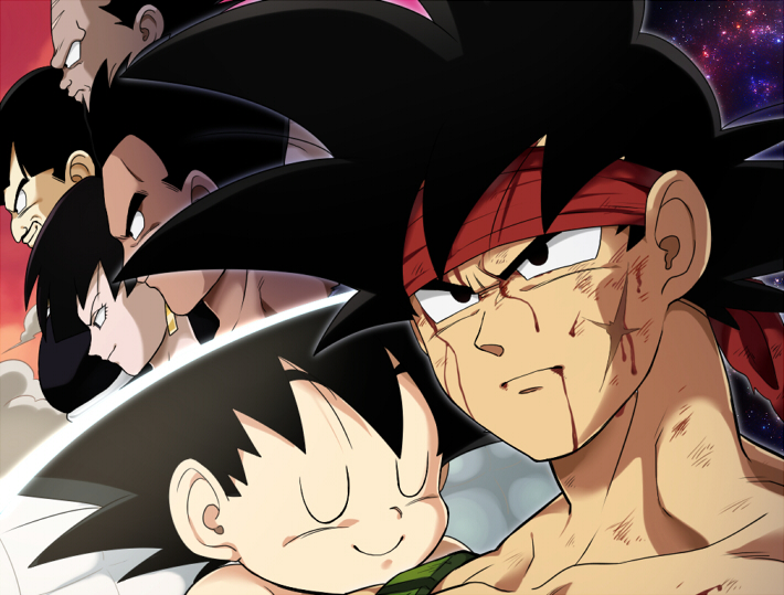 1girl 5boys baby bardock black_eyes black_hair blood blood_from_mouth blood_on_face bruise cloud collarbone dark_skin dirty dragon_ball dragonball_z earrings closed_eyes facial_hair scar_on_face injury jewelry multiple_boys mustache panbukin_(dragon_ball) petagon scar scar_on_cheek scar_on_face seripa short_hair smile son_goku space toma_(dragon_ball) toteppo aged_down