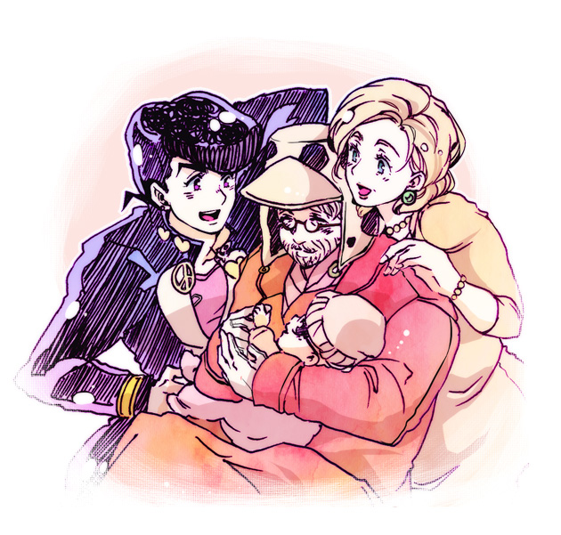 2boys 2girls baby bomber_hat brother_and_sister coat diamond_wa_kudakenai earrings family gakuran higashikata_josuke jewelry jojo_no_kimyou_na_bouken joseph_joestar joseph_joestar_(old) kamabo_ko kujo_holy kuujou_holly light_brown_hair multiple_boys multiple_girls old old_man pompadour purple_hair school_uniform shizuka_joestar siblings stand_(jojo)