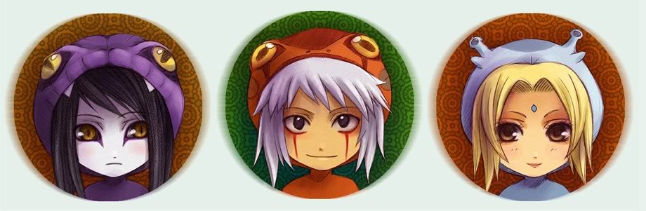1girl 2boys animal_costume black_hair blonde_hair brown_eyes chibi cosplay facial_mark forehead_mark gamabunta jiraiya_(naruto) katsuyu light_smile looking_at_viewer manda_(naruto) multiple_boys naruto_(classic) naruto_(series) orochimaru_(naruto) slug_costume snake_costume toad_costume tsunade_(naruto) ugly-baka-girl white_hair yellow_eyes