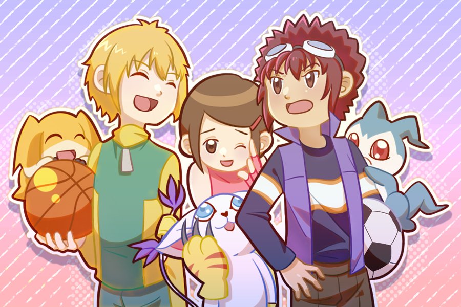 1girl 2boys ball basketball basketball_(object) blush chibimon digimon digimon_(creature) goggles goggles_on_head holding holding_ball looking_at_another motomiya_daisuke multiple_boys patamon soccer_ball tail tailmon takaishi_takeru yagami_hikari yinlicherry