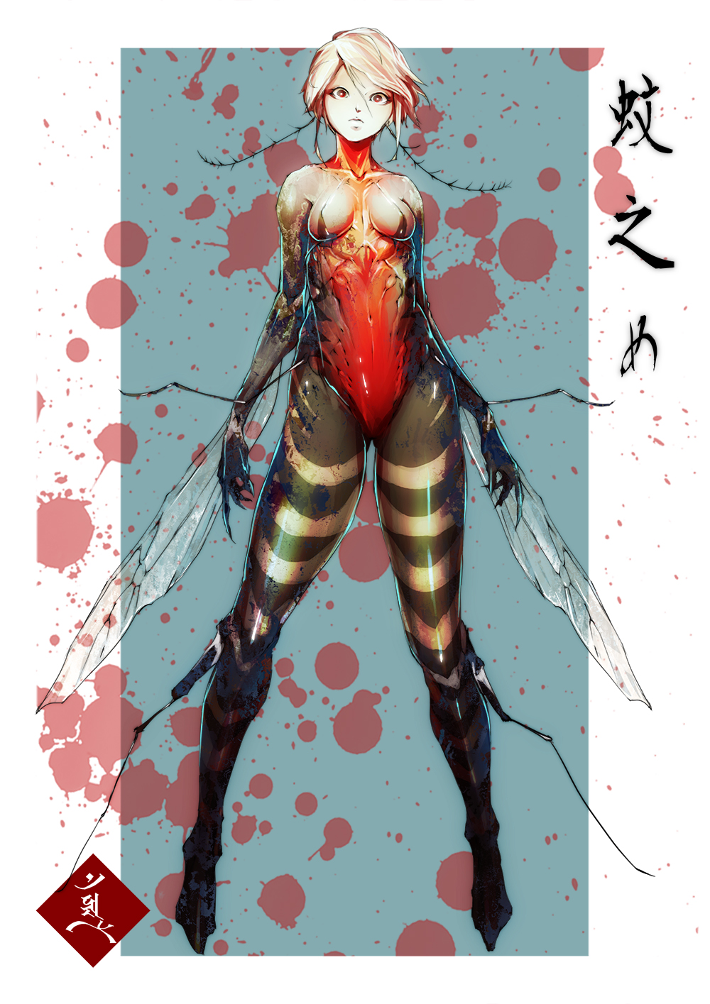 1girl antennae arthropod_girl black_skin blood blood_splatter border breasts colored_skin commentary_request full_body green_background grey_hair grey_skin highres insect_wings looking_at_viewer mabo9317 monster_girl mosquito_girl multicolored_skin navel original outside_border red_eyes red_skin short_hair sidelocks small_breasts solo translation_request white_border wings