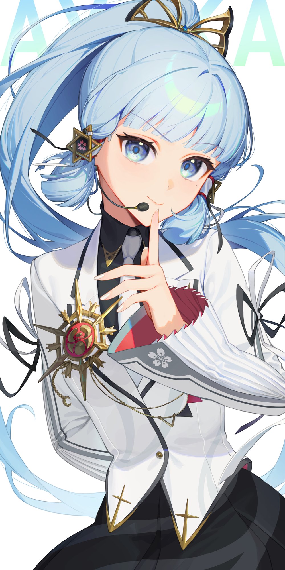 1girl alternate_costume arm_behind_back ayaka_(genshin_impact) black_shirt black_thighhighs blazer blue_eyes blue_hair character_name collared_shirt commentary cowboy_shot dl_(dl_6ix) genshin_impact hexagram high_ponytail highres jacket long_hair long_sleeves looking_at_viewer microphone necktie ponytail shirt simple_background smile solo star_of_david thighhighs white_background white_jacket white_necktie