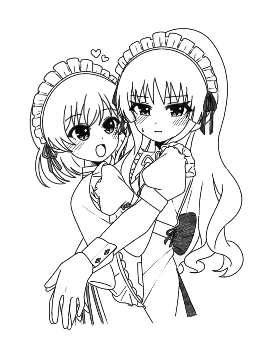 2girls :d assault_lily back_bow blush bow closed_mouth commentary cowboy_shot cropped_legs dress frilled_dress frills greyscale heart hitotsuyanagi_riri hug long_hair looking_at_another looking_at_viewer maid maid_day maid_headdress monochrome multiple_girls official_alternate_costume official_alternate_hairstyle open_mouth own_hands_together ponytail puffy_short_sleeves puffy_sleeves shirai_yuyu short_hair short_sleeves sidelocks simple_background smile standing sweatdrop white_background wrist_cuffs yui_(yui1115_) yuri