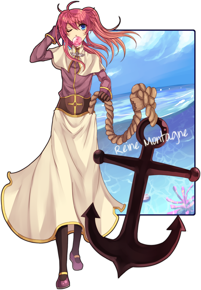 1girl acolyte_(ragnarok_online) anchor black_pantyhose blue_eyes brown_shirt capelet character_name chewing_gum commentary english_commentary full_body hand_in_own_hair long_hair long_sleeves looking_at_viewer open_mouth pantyhose pink_hair purple_shoes ragnarok_online rinslette shirt shoes skirt solo transparent_background two_side_up water white_capelet white_skirt