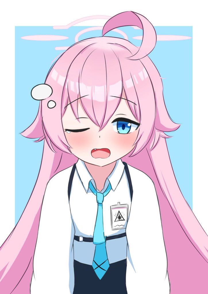 1girl ahoge blue_archive blue_background blue_eyes blue_necktie blush border collared_shirt commentary fang hair_between_eyes halo hoshino_(blue_archive) huge_ahoge iggy@cafe long_hair long_sleeves looking_at_viewer necktie one_eye_closed open_mouth pink_hair pink_halo shirt skirt solo symbol-only_commentary teardrop very_long_hair white_border white_shirt