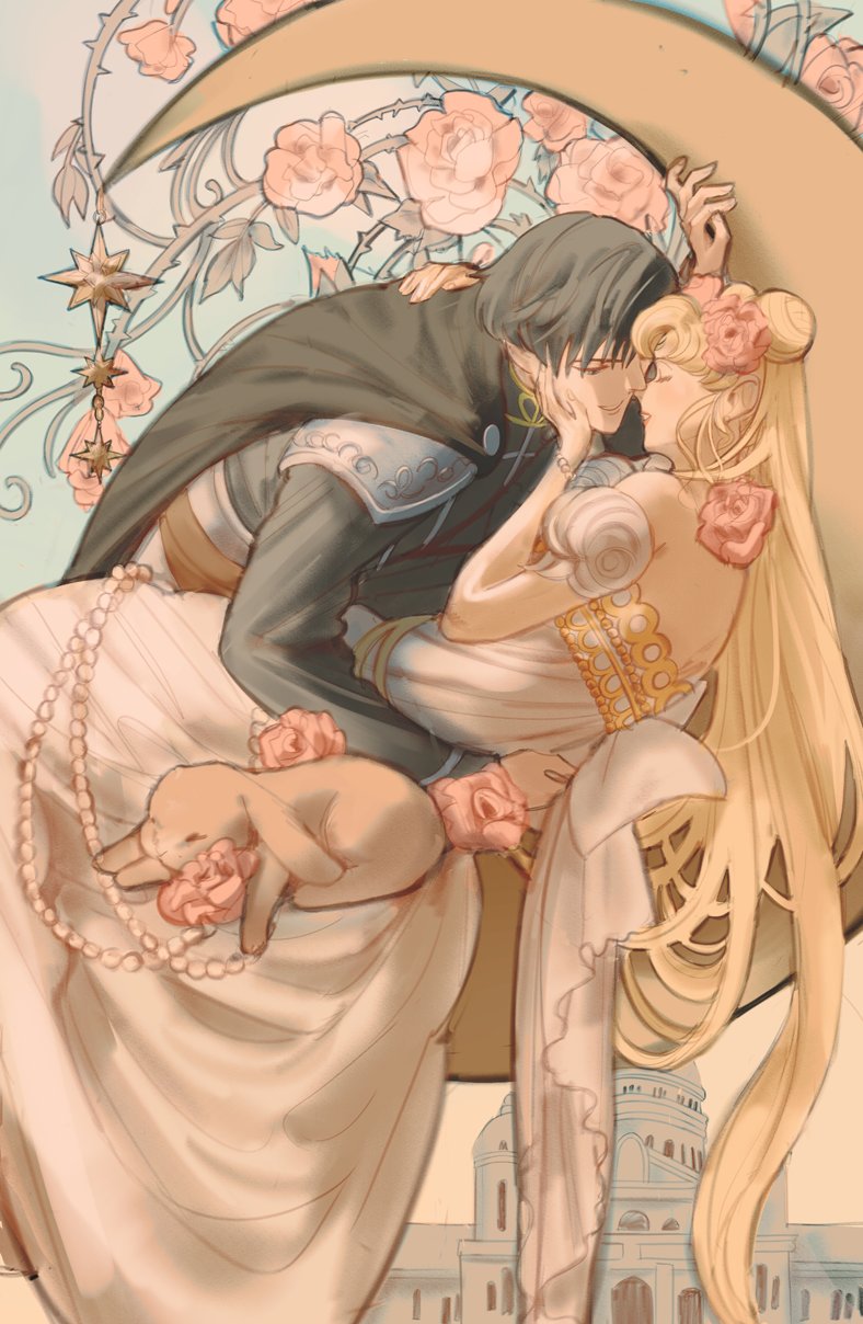 1boy 1girl arm_around_neck arm_around_waist armor art_nouveau back_bow bare_shoulders bead_bracelet beads bishoujo_senshi_sailor_moon black_cape black_hair black_shirt blonde_hair bow bracelet cape closed_eyes couple crescent_moon double_bun dress endymion_(sailor_moon) feet_out_of_frame flower hair_between_eyes hair_bun hair_flower hair_ornament hand_on_another&#039;s_cheek hand_on_another&#039;s_face hetero highres imminent_kiss jewelry leaning_forward long_dress long_hair long_sleeves looking_at_another moon off-shoulder_dress off_shoulder parted_bangs parted_lips pink_flower pink_rose princess_serenity rabbit rose shirt short_hair short_sleeves shoulder_armor shy_(ribboneels) sidelocks smile thorns twintails upper_body very_long_hair white_dress