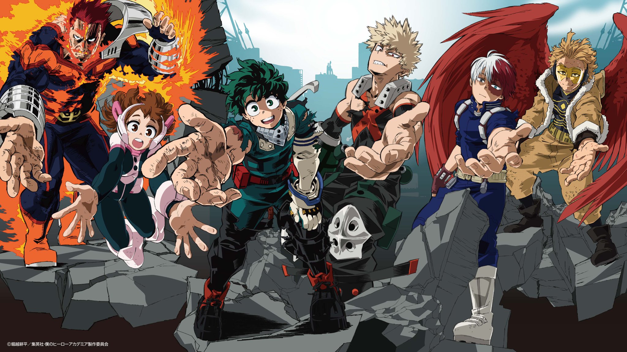 1girl 5boys bakugou_katsuki blonde_hair boku_no_hero_academia brown_eyes brown_hair endeavor_(boku_no_hero_academia) green_eyes green_hair hawks_(boku_no_hero_academia) highres looking_at_viewer midoriya_izuku multiple_boys nakamura_yutaka official_art open_mouth red_hair scar scar_on_face shoes short_hair teeth todoroki_shouto uraraka_ochako wings
