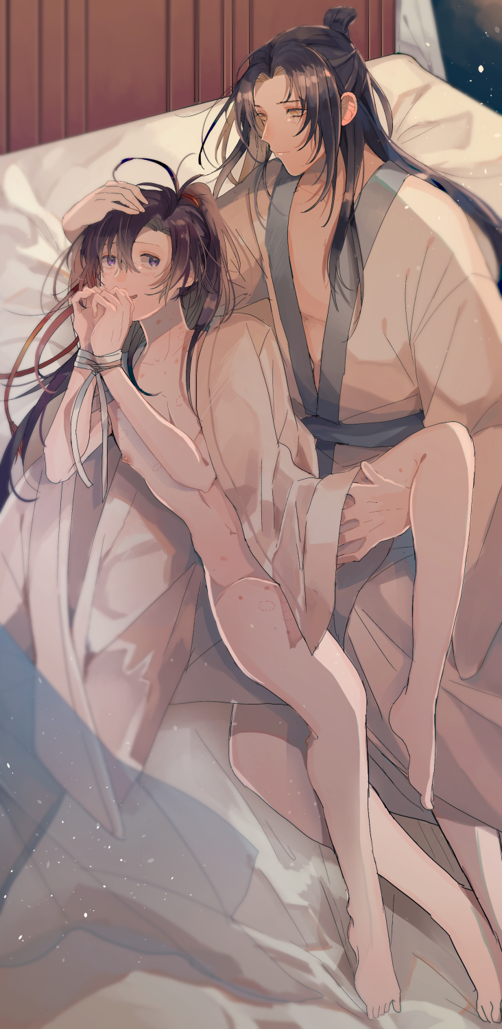 2boys ahoge amana_raika barefoot bathrobe bdsm bed bed_sheet bishounen bite_mark black_hair blue_sash bondage bottomless bound bound_wrists chinese_clothes closed_mouth collarbone convenient_censoring couple curtains hair_ribbon hand_on_another&#039;s_head hand_on_another&#039;s_thigh hand_under_clothes hanfu hickey highres indoors lan_wangji light_particles long_hair long_sleeves looking_at_another lying male_focus modao_zushi multiple_boys naked_robe navel nipples on_bed on_side open_clothes open_robe parted_lips partially_undressed pectorals ponytail purple_eyes red_ribbon ribbon ribbon_bondage robe sash sidelocks smile sweat thigh_grab topknot wei_wuxian white_hanfu white_ribbon white_robe wide_sleeves yaoi yellow_eyes