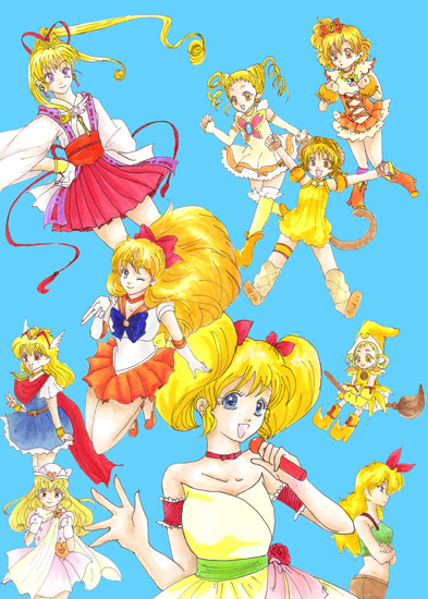 aino_minako akazukin_chacha bishoujo_senshi_sailor_moon blue_background boots fong_pudding hair_rings lunch_(bad)_(dragon_ball) lunch_(dragon_ball) mew_pudding nurse_angel_ririka_sos precure sailor_venus shoes simple_background tagme tokikyo tokyo_mew_mew yellow_boots yellow_shoes