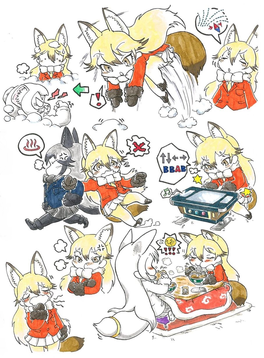 ._. 3girls anger_vein angry animal_ear_fluff animal_ears arcade_cabinet black_bow black_gloves black_hair blonde_hair bow bowtie character_request cocktail_cabinet commentary_request compass_rose diving donbei_kitsune_udon eating extra_ears ezo_red_fox_(kemono_friends) food fox_ears fox_tail gloves grey_hair hair_between_eyes highres jacket japari_symbol kemono_friends kemono_friends_pavilion kotatsu long_hair long_sleeves multicolored_hair multiple_girls musical_note nissin_donbei noodles oinari-sama_(kemono_friends) okb_001 open_mouth pantyhose playing_games pleated_skirt ramen sharp_teeth silver_fox_(kemono_friends) simple_background skirt sleepy sweatdrop table tail teeth tsurime two-tone_hair yawning