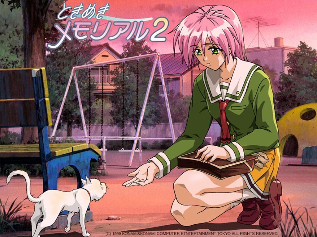 1990s_(style) 1girl cat dated female_focus green_shirt kokura_masashi official_art official_wallpaper pink_hair retro_artstyle scan school_uniform shirt solo tokimeki_memorial tokimeki_memorial_2 yae_kaori