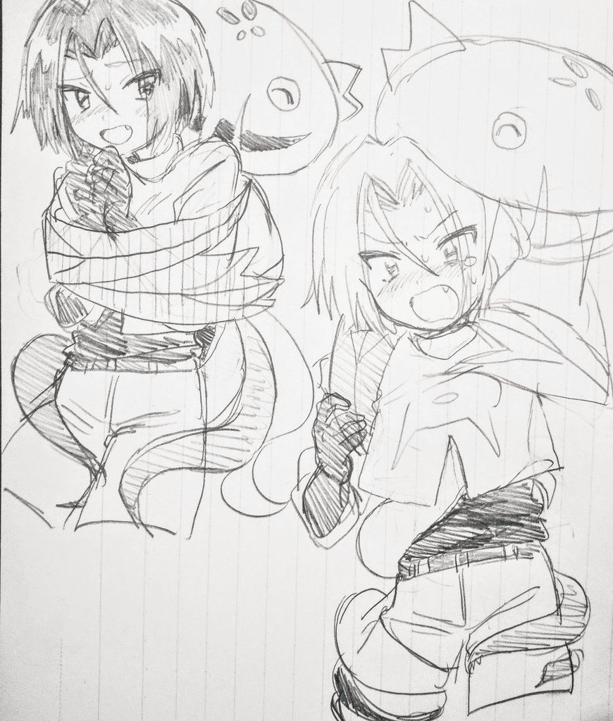 ameya_(okemu_ame) black_gloves blush bound bound_arms bound_wrists carnivine fang gen_4_pokemon gloves graphite_(medium) happy james_(pokemon) looking_at_viewer looking_to_the_side nintendo open_mouth pokemon pokemon_(anime) pokemon_(creature) scared team_rocket team_rocket_uniform tears traditional_media white_background worried