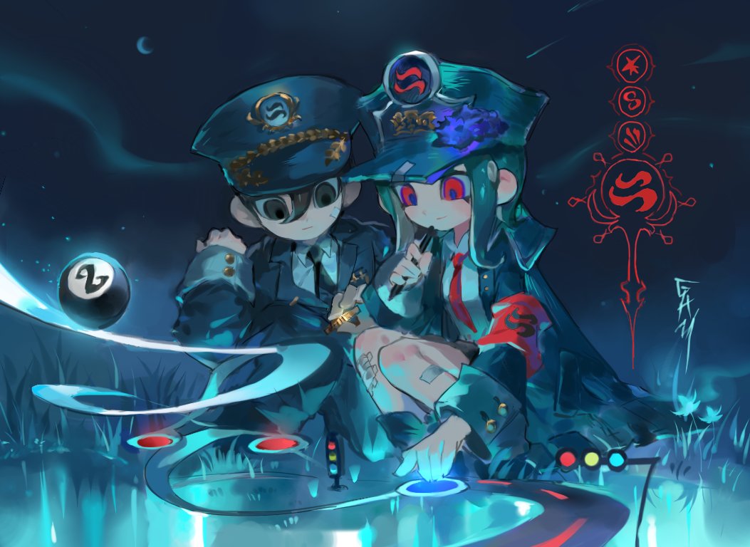 1boy 1girl 8-ball aqua_hair armband black_eyes black_hair black_necktie blue_hat blue_jacket blue_pupils c.q._cumber_(splatoon) closed_mouth coin collared_shirt creature_on_head expressionless full_body gam_(99jellys) gauze gauze_on_cheek gauze_on_leg hair_between_eyes hands_up hat holding holding_coin jacket long_sleeves medium_hair necktie nintendo octoling octoling_boy octoling_girl octoling_player_character open_clothes open_jacket parted_bangs peaked_cap red_armband red_eyes red_necktie shirt short_hair sleeves_past_wrists splatoon_(series) splatoon_2 splatoon_2:_octo_expansion squatting tentacle_hair traffic_light white_shirt