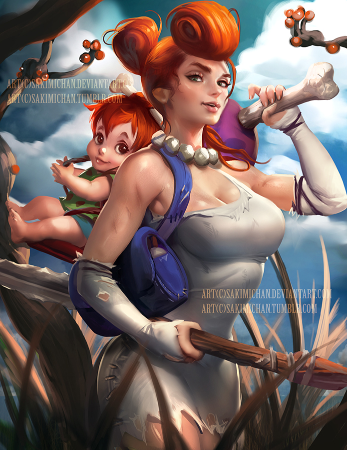 2girls baby bag beads bone breasts carrying cleavage cloud fingerless_gloves food gloves gradient_background handbag looking_at_viewer meat mother_and_daughter multiple_girls pebbles_flintstone polearm pompadour realistic red_hair sakimichan sky spear the_flintstones toned weapon wilma_flintstone
