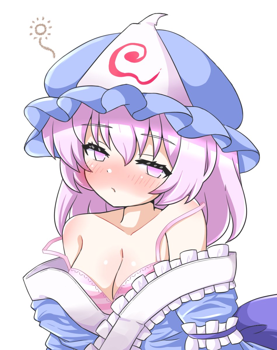 1girl bare_shoulders blue_kimono blush bra breasts cleavage frills hair_between_eyes hat highres japanese_clothes kimono looking_at_viewer medium_breasts medium_hair pink_eyes pink_hair saigyouji_yuyuko solo striped_bra striped_clothes touhou underwear upper_body white_background zenji029