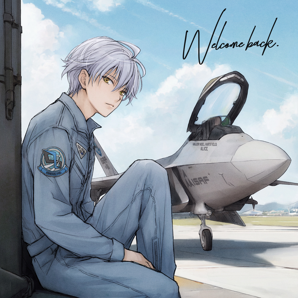 1boy a-chako ace_combat ace_combat_04 aircraft airfield airplane blue_sky cloud cloudy_sky english_text f-22_raptor flight_suit g-suit jet looking_at_viewer male_focus mobius_1 pilot_suit short_hair sky solo white_hair yellow_eyes