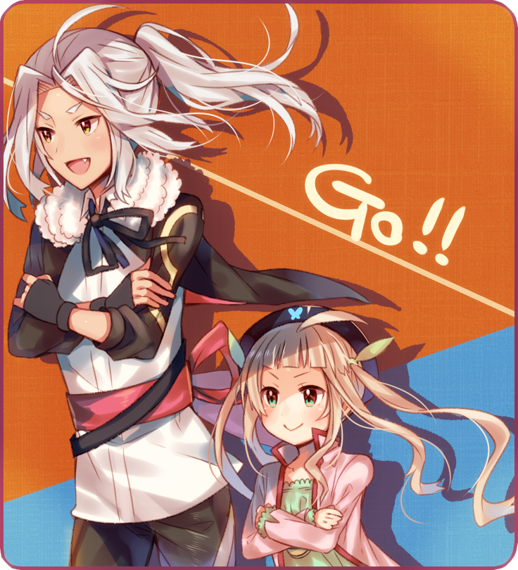 1boy 1girl :&gt; ahoge bad_id bad_pixiv_id beret black_hat brown_hair crossed_arms elle_mel_martha gloves green_eyes hat height_difference high_ponytail ivar_(tales) jacket long_hair pants ponytail smile tales_of_(series) tales_of_xillia tales_of_xillia_2 twintails white_hair yellow_eyes yuiki_yuu