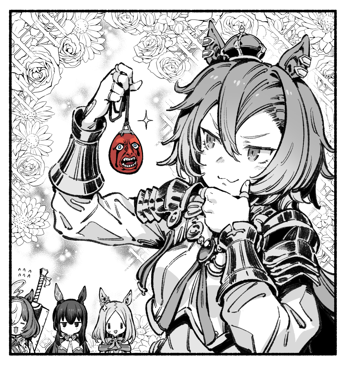 4girls :3 admire_vega_(umamusume) animal_ears armor bacius cape charm_(object) closed_mouth commentary_request deadpan flower gloves hair_between_eyes hair_ornament highres holding horse_ears horse_girl long_hair medium_hair meisho_doto_(umamusume) military_uniform multiple_girls narita_top_road_(umamusume) sparkle sweatdrop sword t.m._opera_o_(umamusume) umamusume weapon