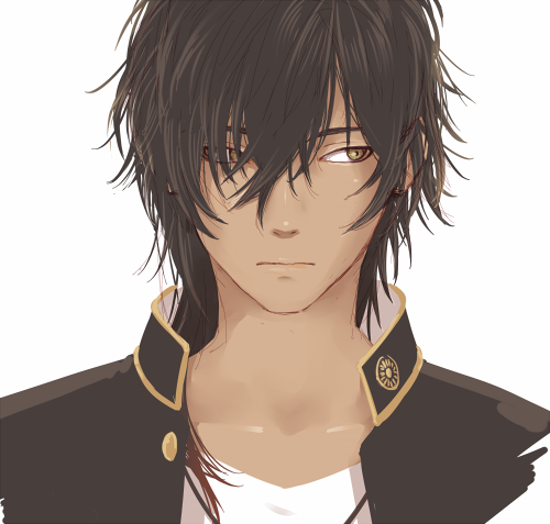 1boy black_hair black_jacket brown_hair closed_mouth dark-skinned_male dark_skin hair_between_eyes jacket jewelry leuco looking_to_the_side lowres male_focus multicolored_hair necklace ookurikara portrait shirt simple_background solo touken_ranbu two-tone_hair white_background white_shirt yellow_eyes