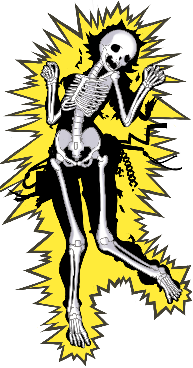 1girl arched_back beads broken broken_chain chain clenched_hands electricity electrocution fang full_body hair_horns highres hitomaruniigo knees_together_feet_apart medium_hair neptora open_mouth original skeleton solo spiked_hair torn_clothes white_background x-ray