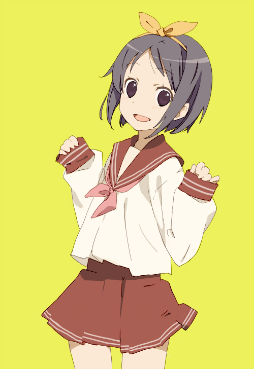 1girl :d alternate_color alternate_eye_color blouse cowboy_shot dot_nose hairband hands_up hiiragi_tsukasa light_blush long_sleeves looking_at_viewer lucky_star miniskirt mmlu_(honwa_karesu) neckerchief open_mouth pinching_sleeves pleated_skirt puffy_long_sleeves puffy_sleeves red_neckerchief red_sailor_collar red_skirt red_sleeve_cuffs ryouou_school_uniform sailor_collar school_uniform serafuku shirt short_hair simple_background skirt sleeves_past_wrists smile solo standing w_arms white_shirt yellow_background yellow_hairband