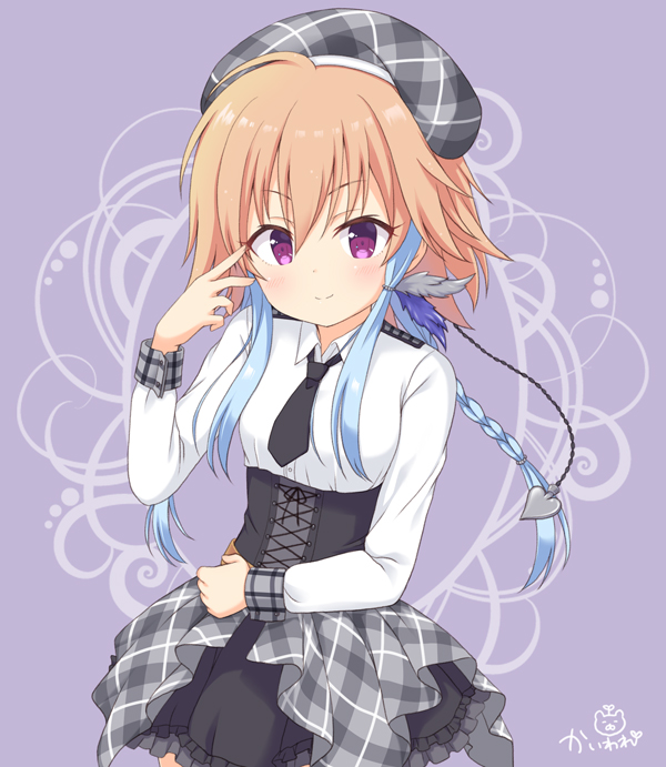 &gt;:) 10s 1girl artist_name beret black_necktie black_skirt blue_hair blush braid breasts collared_shirt commentary_request corset cowboy_shot cross-laced_clothes feather_hair_ornament feathers female_focus frilled_skirt frills hair_between_eyes hair_ornament hat idolmaster idolmaster_cinderella_girls idolmaster_cinderella_girls_starlight_stage kaiware-san light_brown_hair long_hair long_sleeves looking_at_viewer multicolored_hair necktie ninomiya_asuka plaid purple_background purple_eyes shirt signature skirt small_breasts smile solo spade twin_braids two-tone_hair v v-shaped_eyebrows v_over_eye white_shirt wrist_cuffs