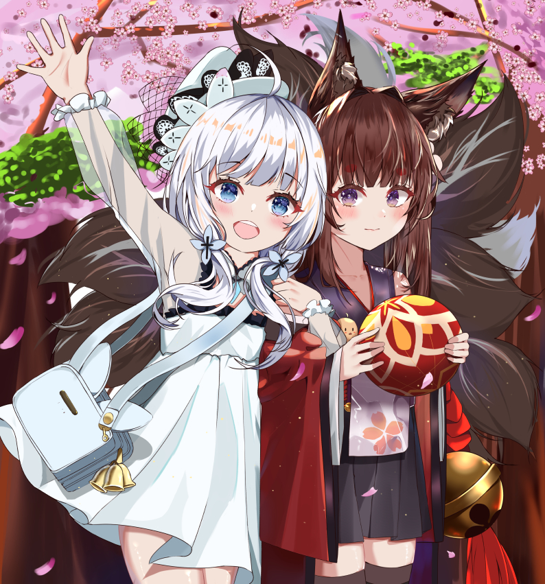 2girls 3: :d ahoge amagi-chan_(azur_lane) animal_ears aqua_eyes arm_up azur_lane bag ball bell black_skirt blunt_bangs blush brown_hair cherry_blossoms collarbone commentary detached_collar dress eyeshadow fox_ears fox_girl fox_tail hair_ornament handbag hat holding holding_ball japanese_clothes kimono kitsune kyuubi little_illustrious_(azur_lane) locked_arms long_hair makeup manjuu_(azur_lane) multiple_girls multiple_tails off_shoulder open_mouth petals pleated_skirt purple_eyes qwe_24 rope see-through_clothes see-through_sleeves shimenawa shoulder_bag sidelocks skirt smile sun_hat tail thick_eyebrows thighhighs tri_tails twintails waving white_dress white_hair wide_sleeves wind zettai_ryouiki
