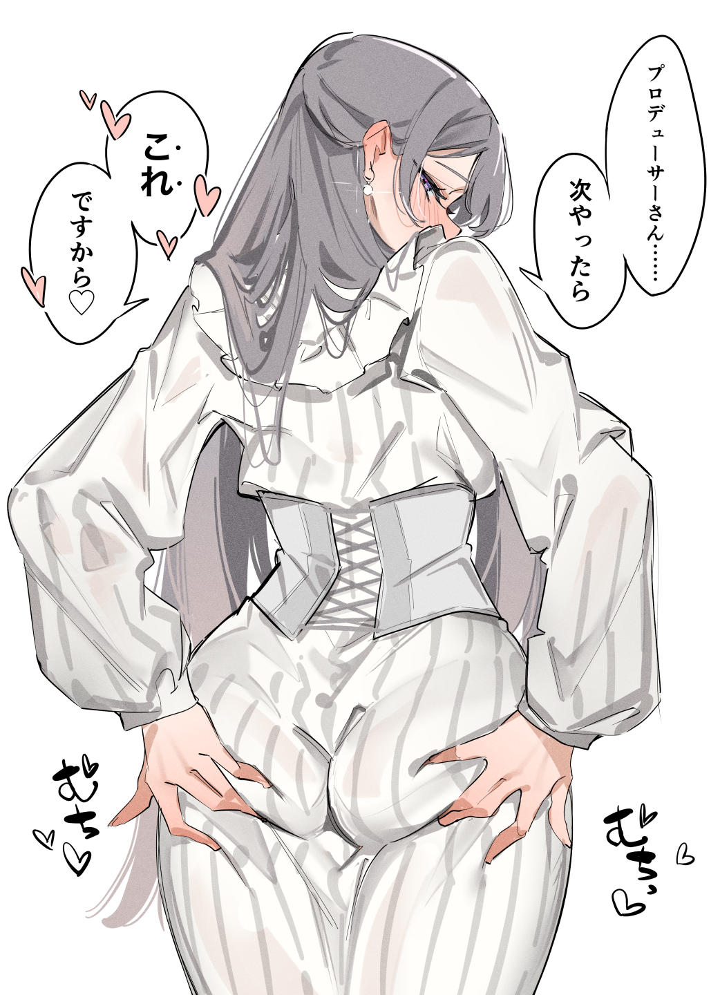 1girl ass ass_lift blush commentary_request corset dress earrings glint grabbing_own_ass grey_hair highres idolmaster idolmaster_shiny_colors jewelry karan long_hair looking_at_viewer pinstripe_pattern simple_background solo speech_bubble translated very_long_hair white_background white_dress yukoku_kiriko