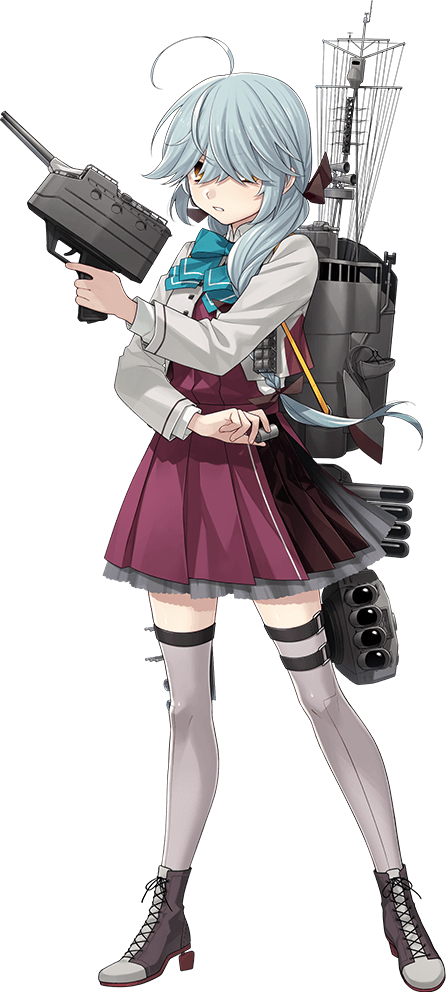 1girl adapted_turret ahoge aqua_bow aqua_bowtie black_ribbon blazer bow bowtie braid brown_eyes dress fujikawa full_body green_eyes grey_hair grey_jacket grey_thighhighs hair_over_eyes halter_dress halterneck hamanami_(kancolle) hamanami_kai_ni_(kancolle) jacket kantai_collection long_hair long_sleeves machinery official_art parted_lips pleated_dress purple_dress ribbon single_braid solo standing thighhighs transparent_background