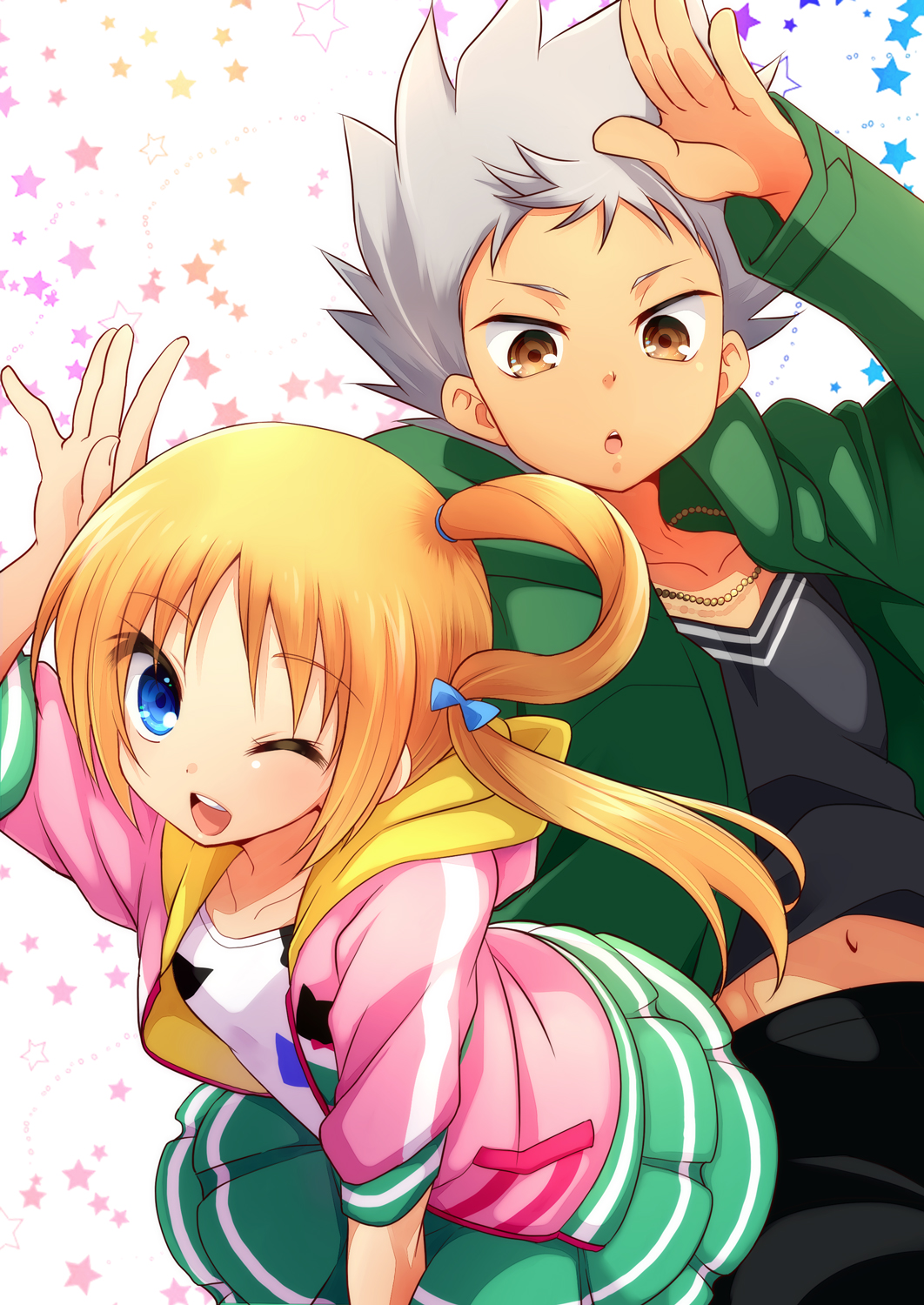 1boy 1girl blonde_hair blue_eyes brown_eyes fukuhara_ann grey_hair highres hood hoodie long_hair nishina_kazuki pretty_series pretty_rhythm pretty_rhythm_rainbow_live short_hair side_ponytail take_no_ko wink