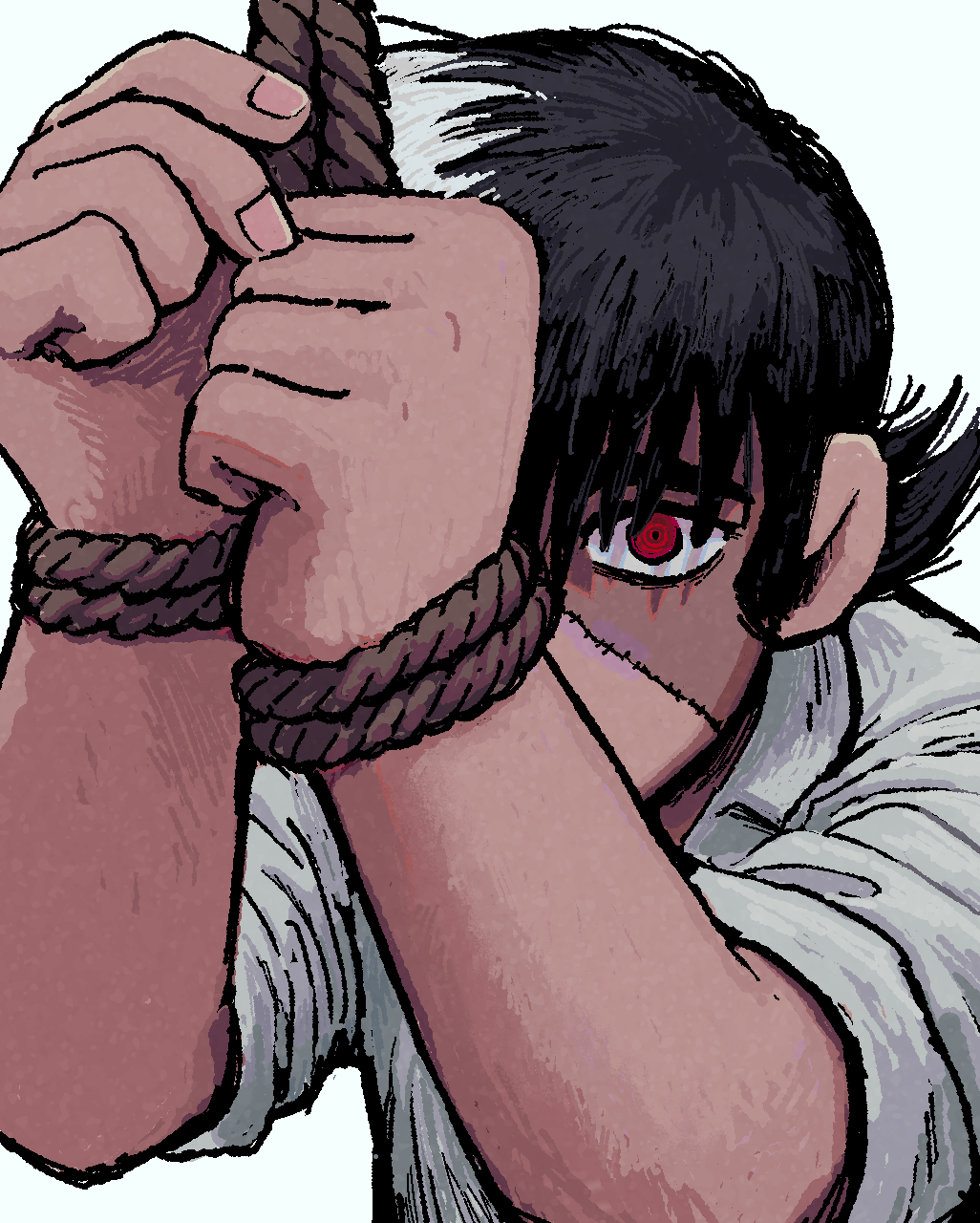 1boy black_hair black_jack_(character) black_jack_(series) bound bound_wrists commentary_request highres male_focus marias_(harako) multicolored_hair patchwork_skin red_eyes ringed_eyes rope shirt solo two-tone_hair upper_body white_hair white_shirt