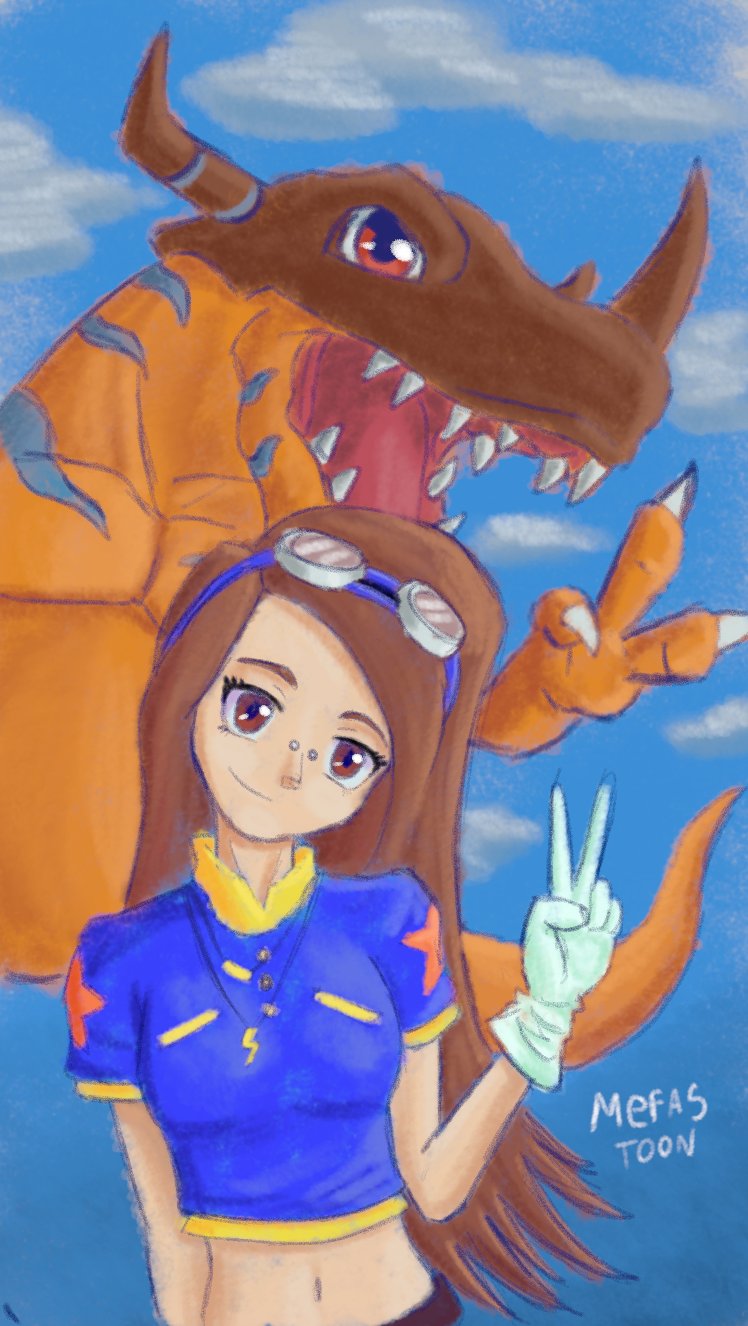 1girl cosplay digimon goggles goggles_on_head greymon highres long_hair original yagami_taichi yagami_taichi_(cosplay)