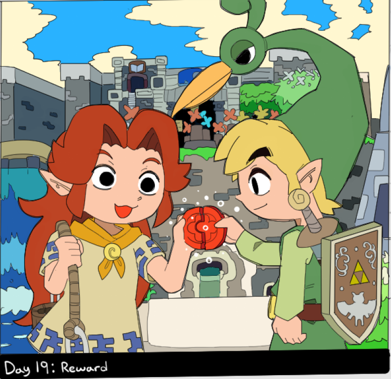 1boy 1girl :3 ascot beak brick_wall bucket bush castle deeznutterbutterz dress ezlo flower fountain hat kinstone link malon moss nintendo open_mouth outdoors pointy_ears rope shield shield_on_back smile sword the_legend_of_zelda the_legend_of_zelda:_the_minish_cap toon_link tunic water waterfall weapon