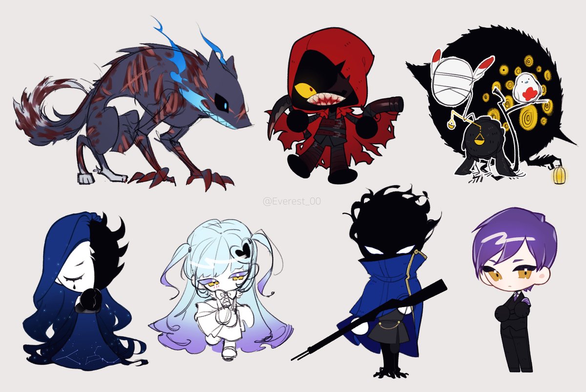 2boys 3girls big_and_will_be_bad_wolf big_bird_(project_moon) bird black_gloves black_jacket blue_cape blue_hair cape closed_eyes colored_sclera der_freischuetz_(project_moon) dress everest_00 gloves hands_up hood hooded_cape jacket judgement_bird knight_of_despair little_red_riding_hooded_mercenary lobotomy_corporation long_hair multiple_boys multiple_girls own_hands_clasped own_hands_together project_moon punishing_bird purple_hair queen_of_hatred red_cape red_eyes simple_background two_side_up very_long_hair white_background white_dress wolf yellow_eyes yellow_sclera yesod_(project_moon)