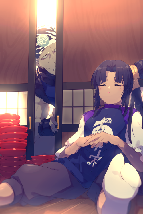 1boy 1girl apron black_hair blue_apron bowl breasts closed_eyes echo_(circa) fate/grand_order fate_(series) grey_pants hair_bun long_hair long_sleeves medium_breasts musashibou_benkei_(fate) open_mouth pants parted_bangs pinta_(ayashii_bochi) raglan_sleeves side_bun side_ponytail sidelocks single_hair_bun single_side_bun sitting sleeping socks ushiwakamaru_(fate) ushiwakamaru_(under_the_same_sky)_(fate)