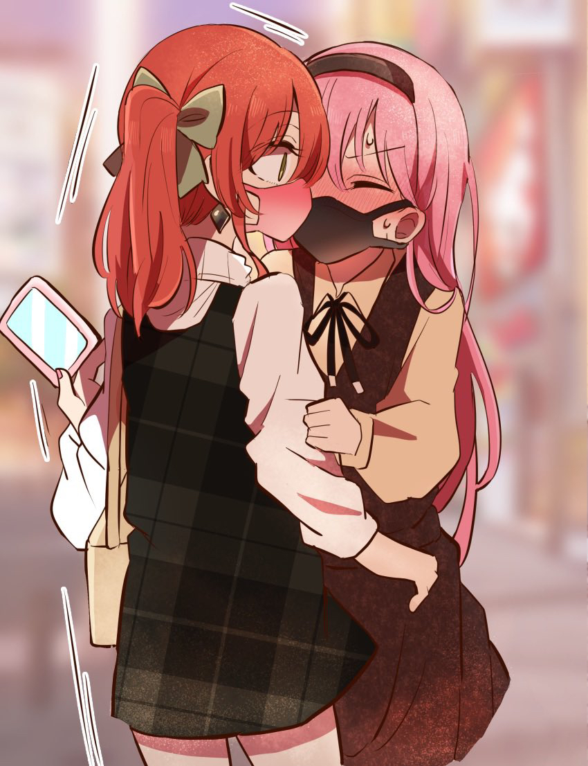 2girls bag black_dress black_hairband black_mask blurry blurry_background bocchi_the_rock! brown_dress brown_shirt closed_eyes commentary_request day dress earrings gotoh_hitori hairband hand_on_another&#039;s_arm handbag holding holding_phone jewelry kissing_through_mask kita_ikuyo long_hair long_sleeves mask mouth_mask multiple_girls one_side_up outdoors phone pinafore_dress pink_hair pink_mask red_hair shirt sleeveless sleeveless_dress sweatdrop warashi67 white_shirt yuri