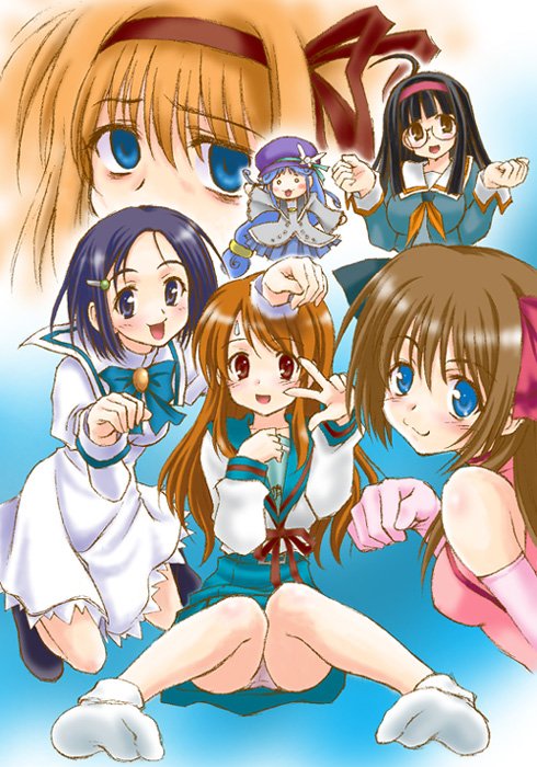 00s 6+girls :3 asahina_mikuru black_hair blue_eyes blue_hair brown_eyes brown_hair crossover dress elbow_gloves feet fushigiboshi_no_futago_hime fuyou_kaede glasses gloves gotou_yuuko hair_ornament hairband hairclip hat kujibiki_unbalance long_hair lovely_idol multiple_girls nekoya_miu o_o orange_hair otome_wa_boku_ni_koishiteru panties peter_(artist) rein_(futagohime) school_uniform serafuku short_hair shuffle! skirt socks suzumiya_haruhi_no_yuuutsu sweatdrop takashima_ichiko underwear upskirt v voice_actor_connection yamada_kaoruko