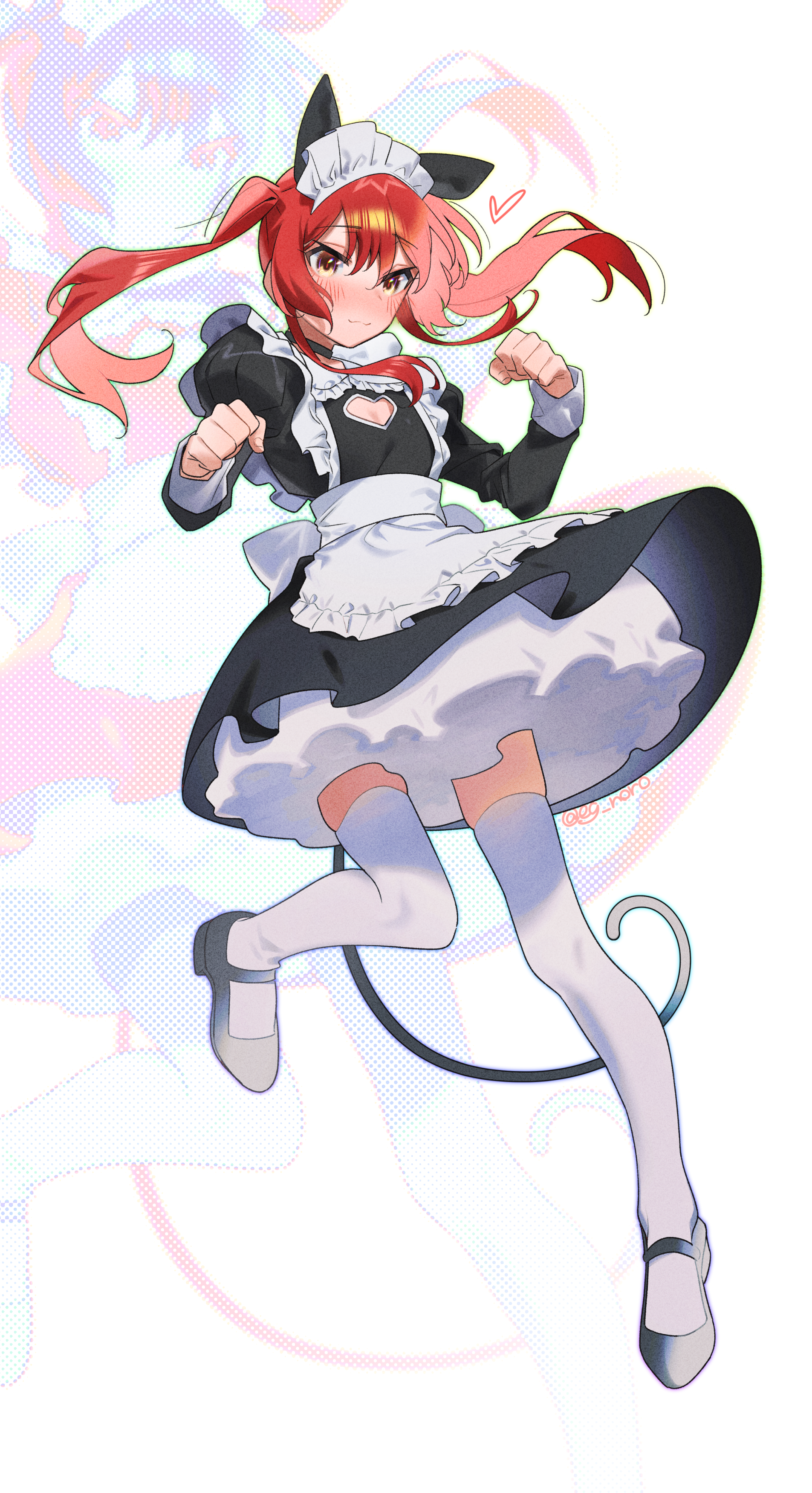 1girl :3 absurdres alternate_costume alternate_hairstyle animal_ears apron black_dress blush bocchi_the_rock! bubble_skirt cat_ears cat_tail cleavage_cutout clenched_hands closed_mouth clothing_cutout dress fake_animal_ears fake_tail floating frilled_apron frilled_dress frills full_body green_eyes grey_shoes hands_up heart_cutout highres juliet_sleeves kita_ikuyo leg_up long_hair long_sleeves looking_at_viewer maid_headdress parted_bangs paw_pose puffy_sleeves red_hair shoes simple_background skirt sofa_(enogunomu) solo tail thighhighs twintails twitter_username white_apron white_background white_thighhighs zoom_layer