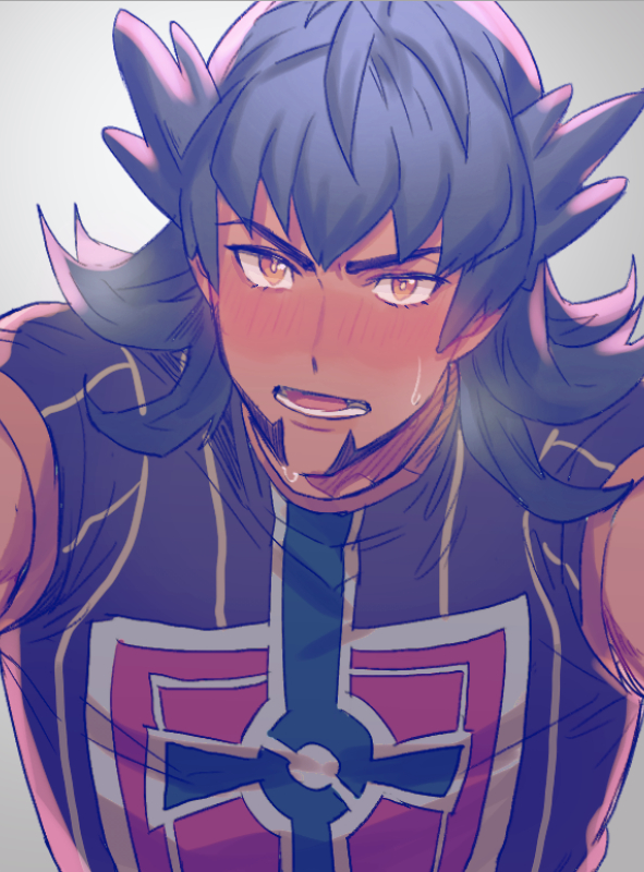1boy 5_(femfamme) beard black_hair blush breath creatures_(company) dark-skinned_male dark_skin facial_hair game_freak grey_background jersey kabedon leon_(pokemon) long_hair male_focus nintendo pokemon pokemon_swsh pov purple_hair simple_background solo upper_body yellow_eyes